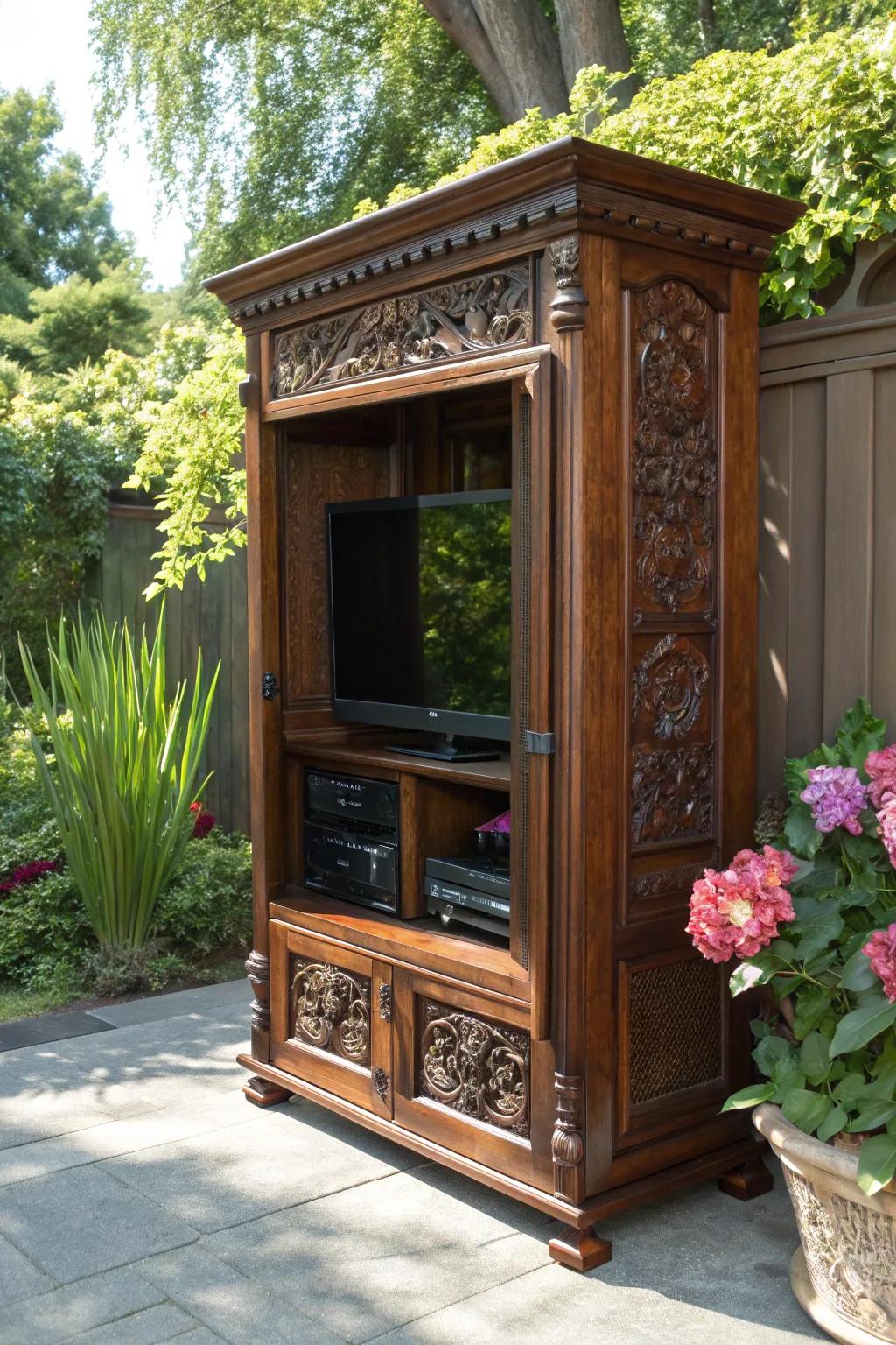 Transform vintage into vision: A stunning upcycled outdoor TV cabinet that steals the spotlight.