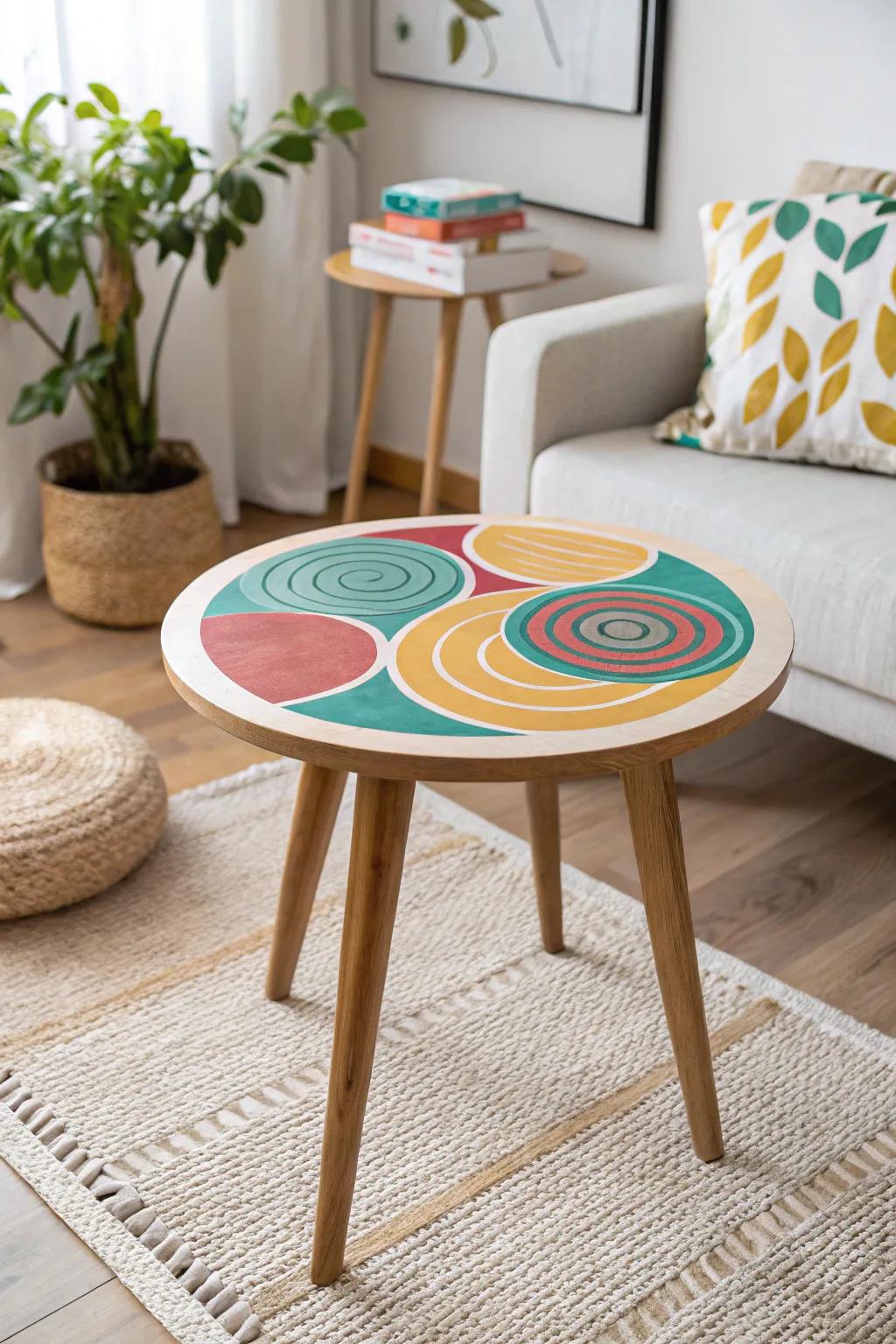 Transform your space with a pop of color: A vibrant side table with artistic circular designs.