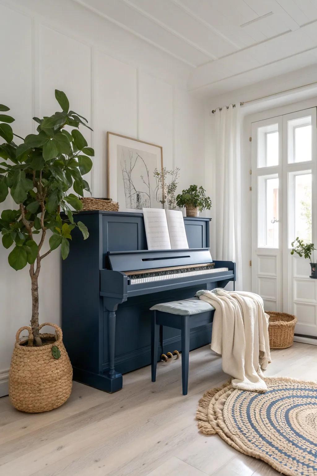 Transform your space with a chic navy blue piano—where sophistication meets simplicity.