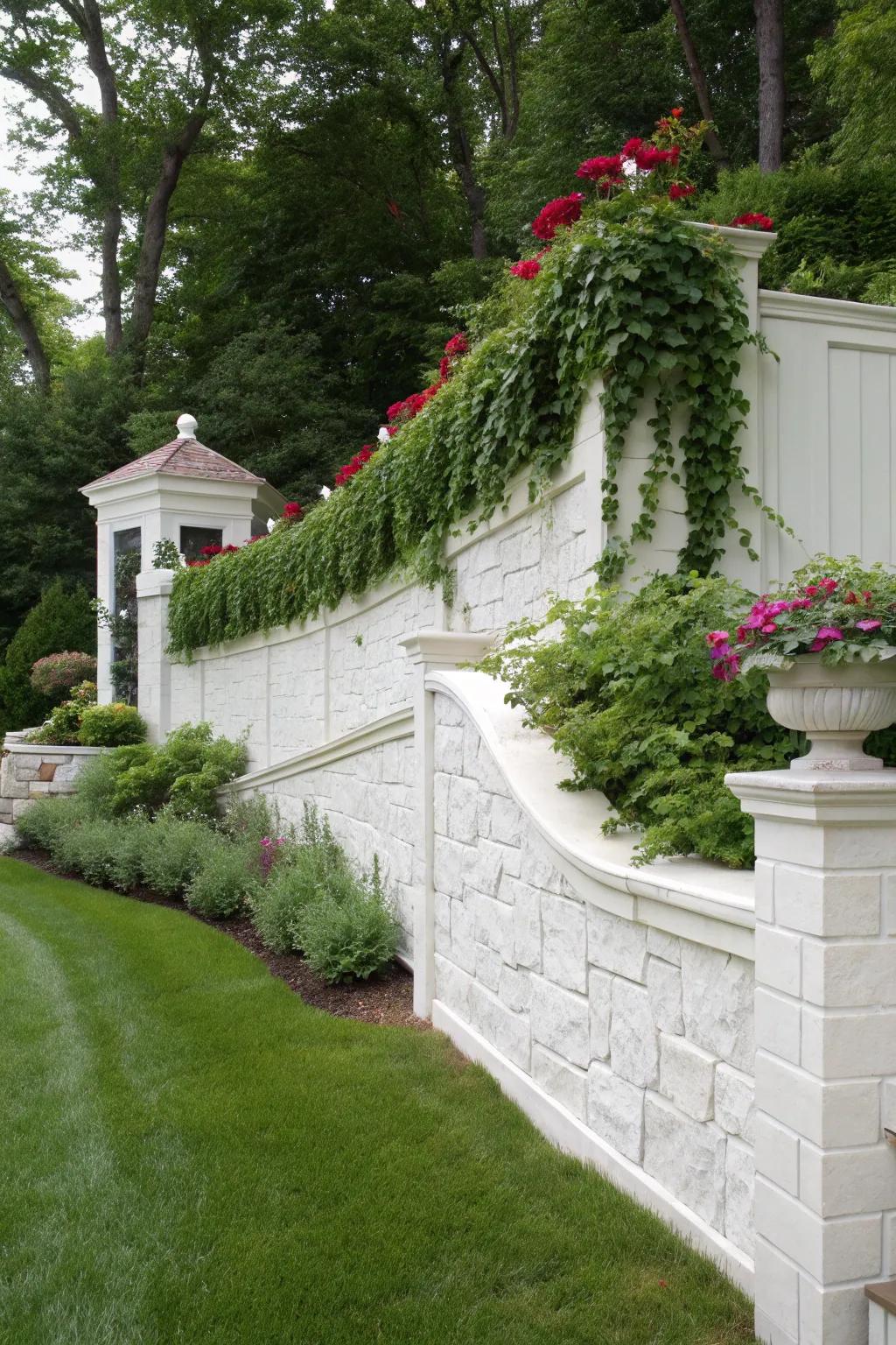 Embrace timeless elegance with a classic whitewash retaining wall, the perfect canvas for your garden's vibrant greenery.