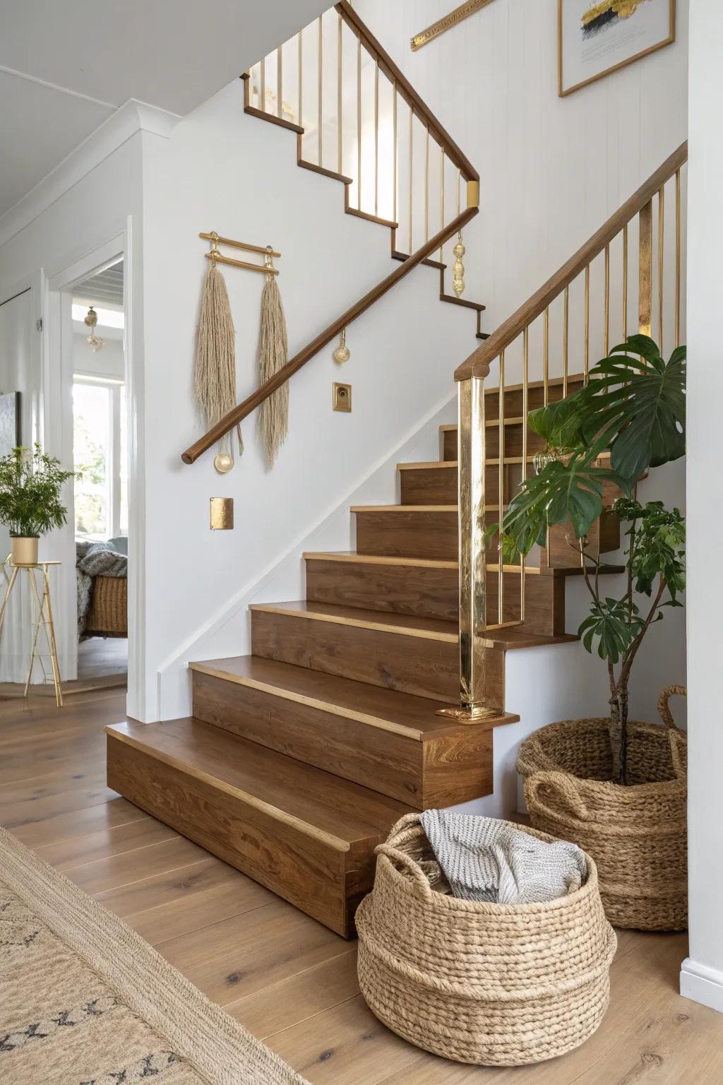 Elevate your home with luxurious metallic accents on your stairs—where Scandinavian minimalism meets boho charm.