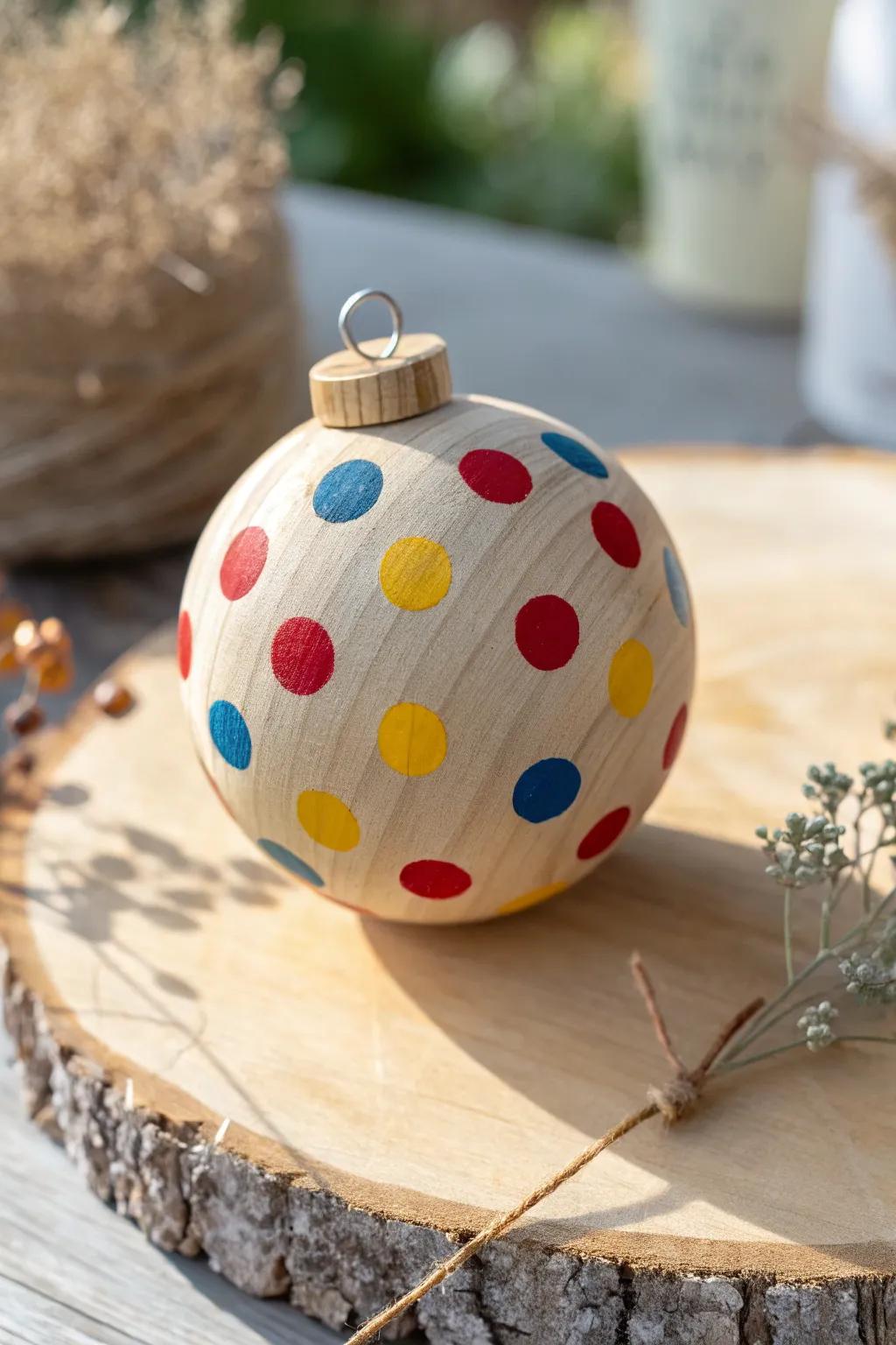 Add a cheerful touch to your decor with vibrant polka dots on handcrafted wooden ornaments.