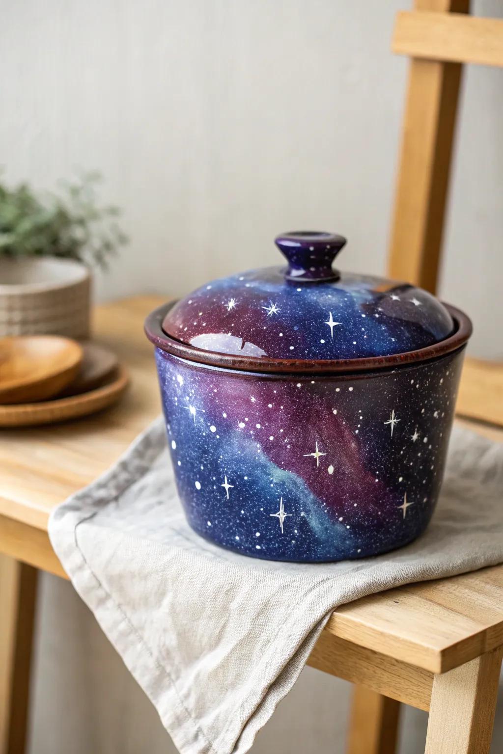 Bring the cosmos to your decor with this stunning galaxy-themed pot, where craftsmanship meets celestial beauty.