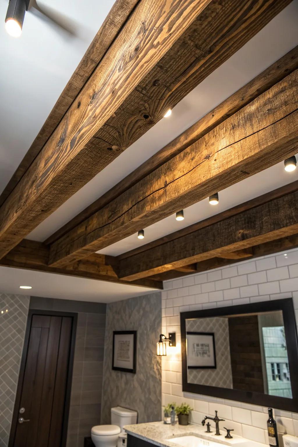 Transform your bathroom with the bold character of pallet faux beams, where craftsmanship meets style.