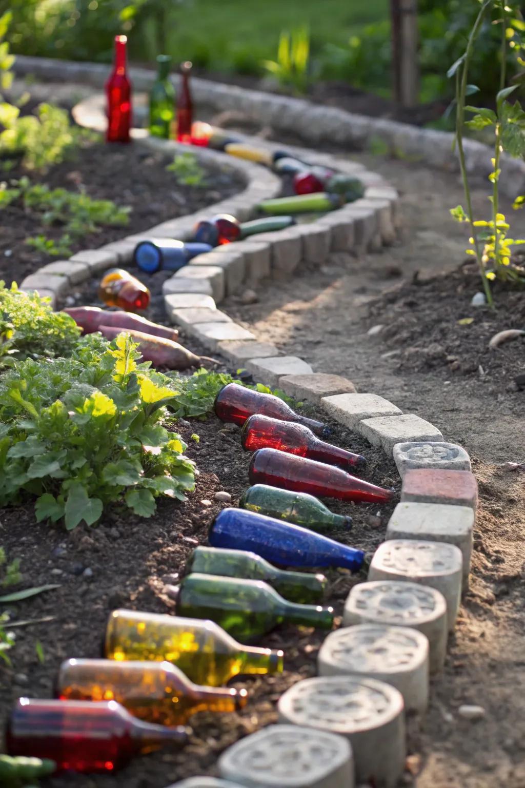 Transform your garden with the bold beauty of recycled glass bottle borders.