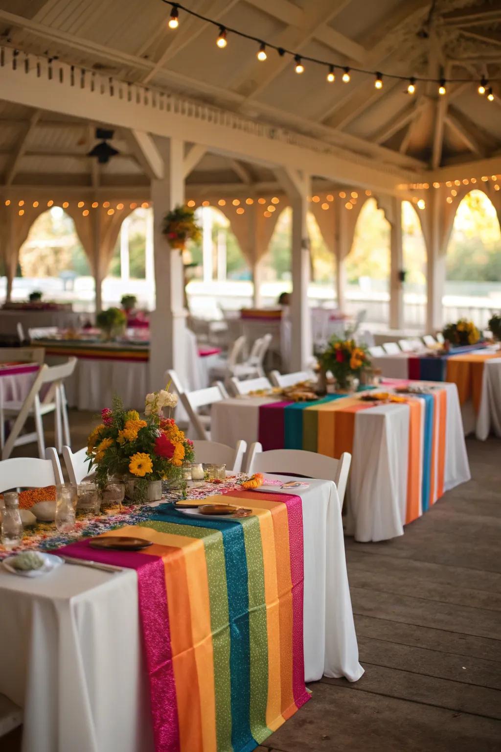 Colorful table runners add vibrancy and tie together the wedding theme.