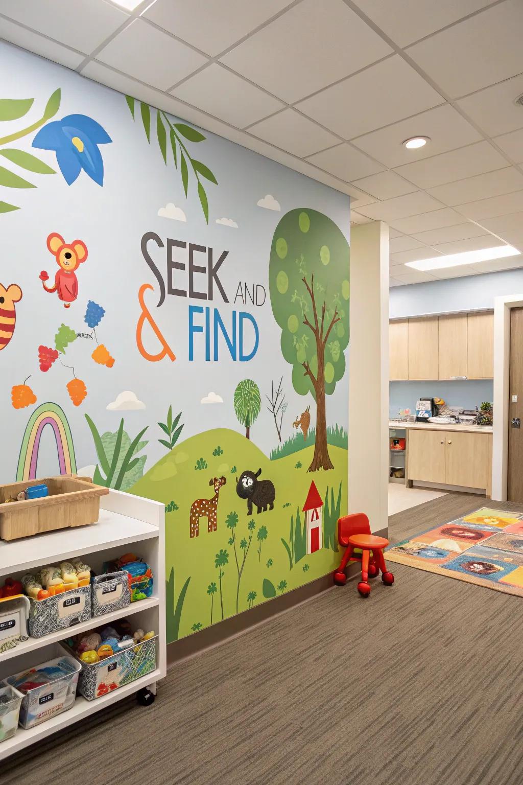 A seek and find mural that entertains young patients in the waiting area.