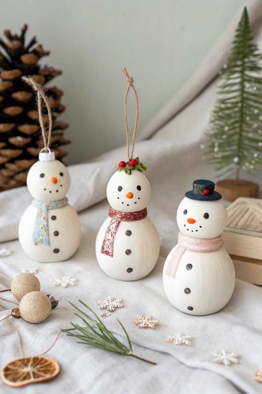 Capture the spirit of your family with these charming, personalized snowman ornaments.