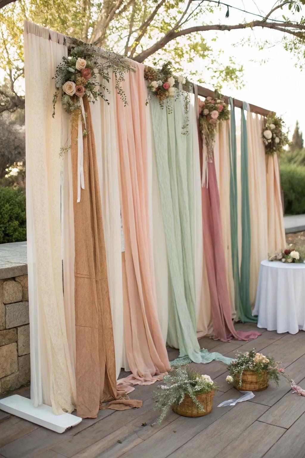 Transform your photo booth with a touch of elegance and simplicity: layered fabric drapes and ribbons in soothing hues.