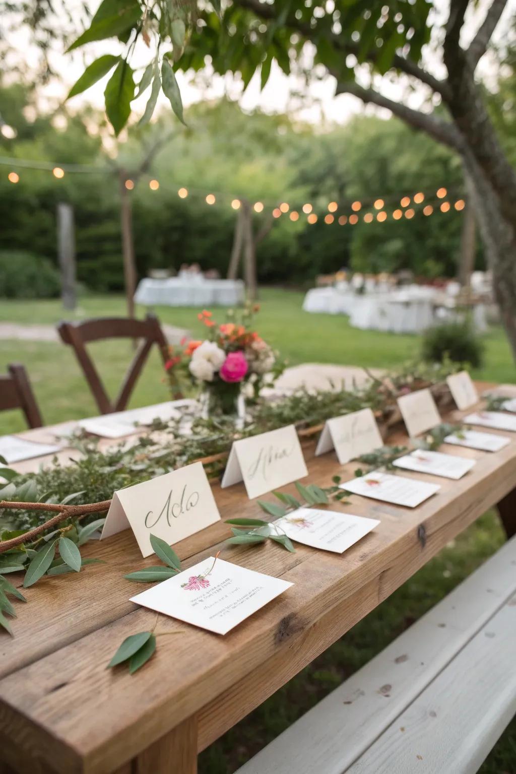 Personalized place cards using natural elements add a thoughtful touch to this table.