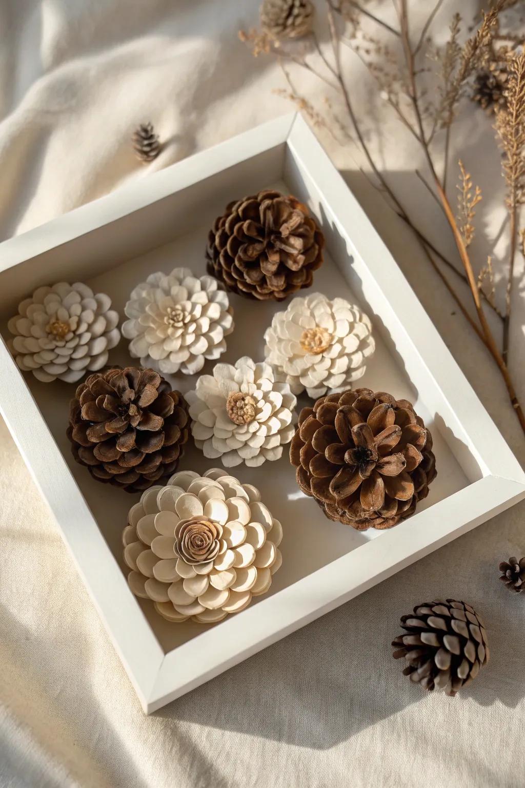 Discover the allure of nature with this pinecone flower shadow box—an elegant fusion of simplicity and creativity.