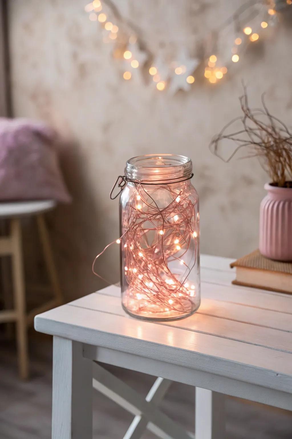 Illuminate your evenings with the enchanting glow of pink fairy light jars.