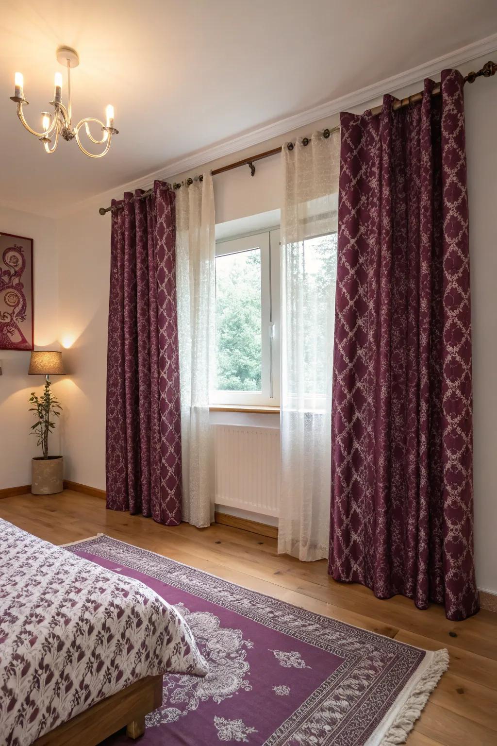 Patterns in plum bring character and charm to the space.