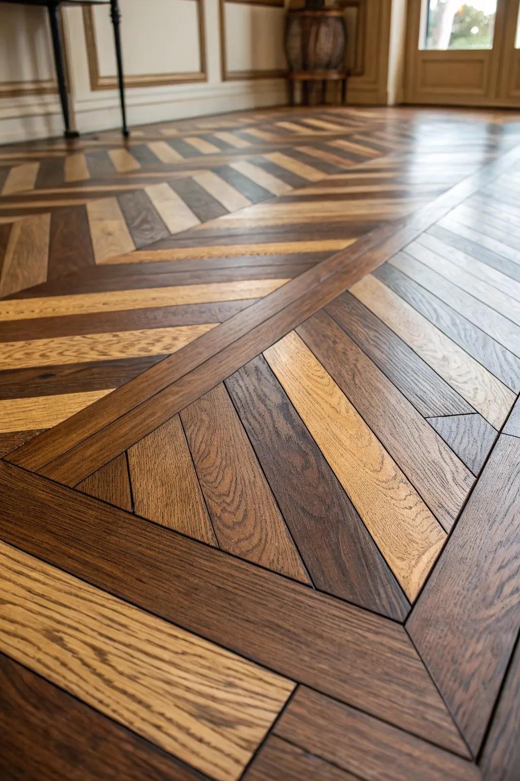 Elevate your space with the dynamic drama of chevron-patterned plywood flooring.