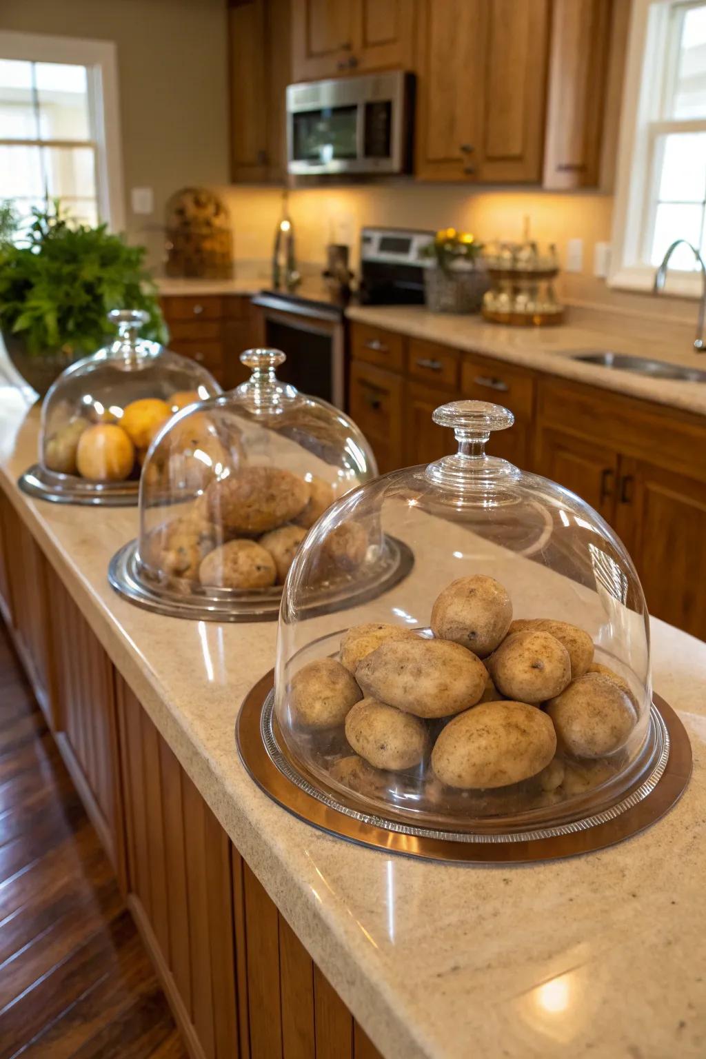 Glass domes elevate the elegance of potato storage.