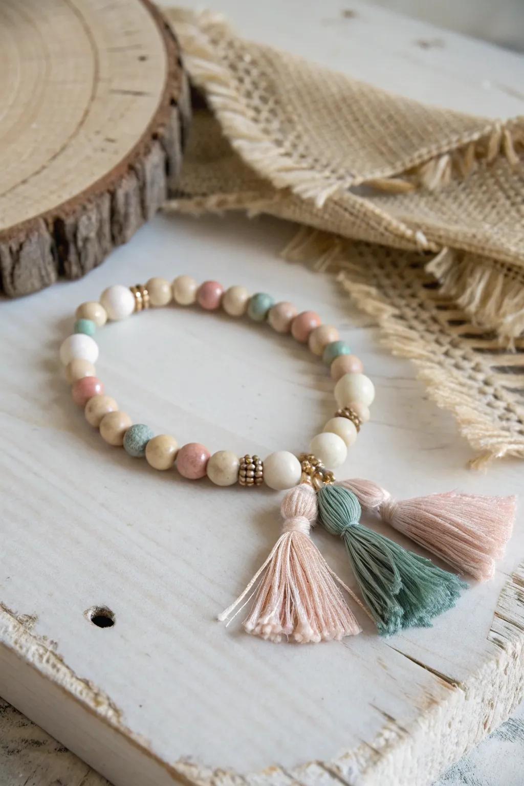 Embrace Boho Chic: Add a touch of whimsy to your style with tassel-adorned clay bead bracelets.
