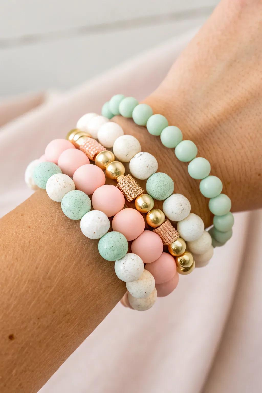 Elevate your style with a stack of chic clay bead bracelets. Perfect for adding a touch of playful elegance to any outfit!