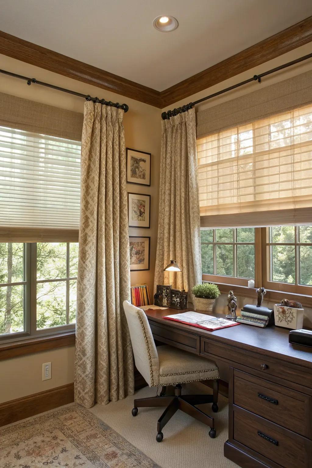 Layered window treatments offer versatile style and privacy control.