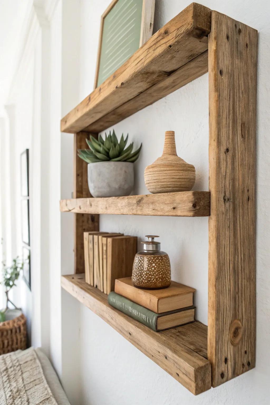 Elevate your space with the natural charm of rustic wooden shelves. Perfect for showcasing your favorite treasures. #ScandiBoho #NaturalBeauty