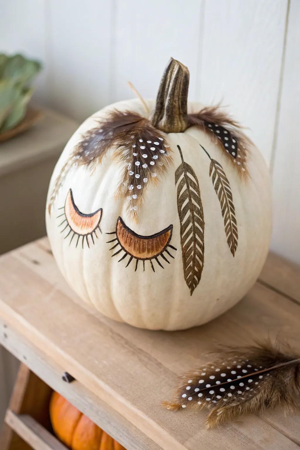 Transform your pumpkin into a fierce feathered masterpiece with this unique and elegant eye design.