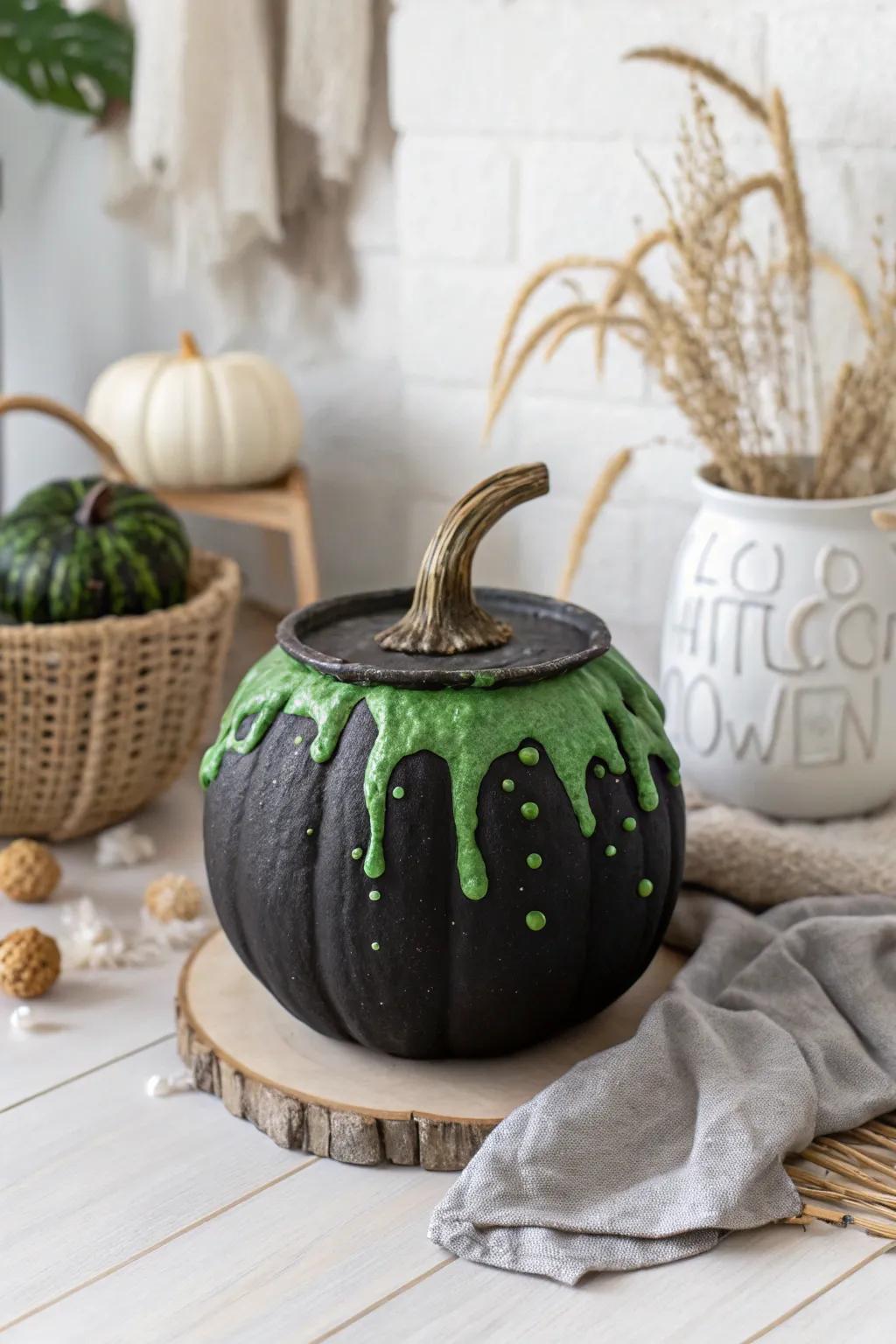 Enchant your Halloween with a touch of magic: a witch's cauldron pumpkin bubbling with charm.