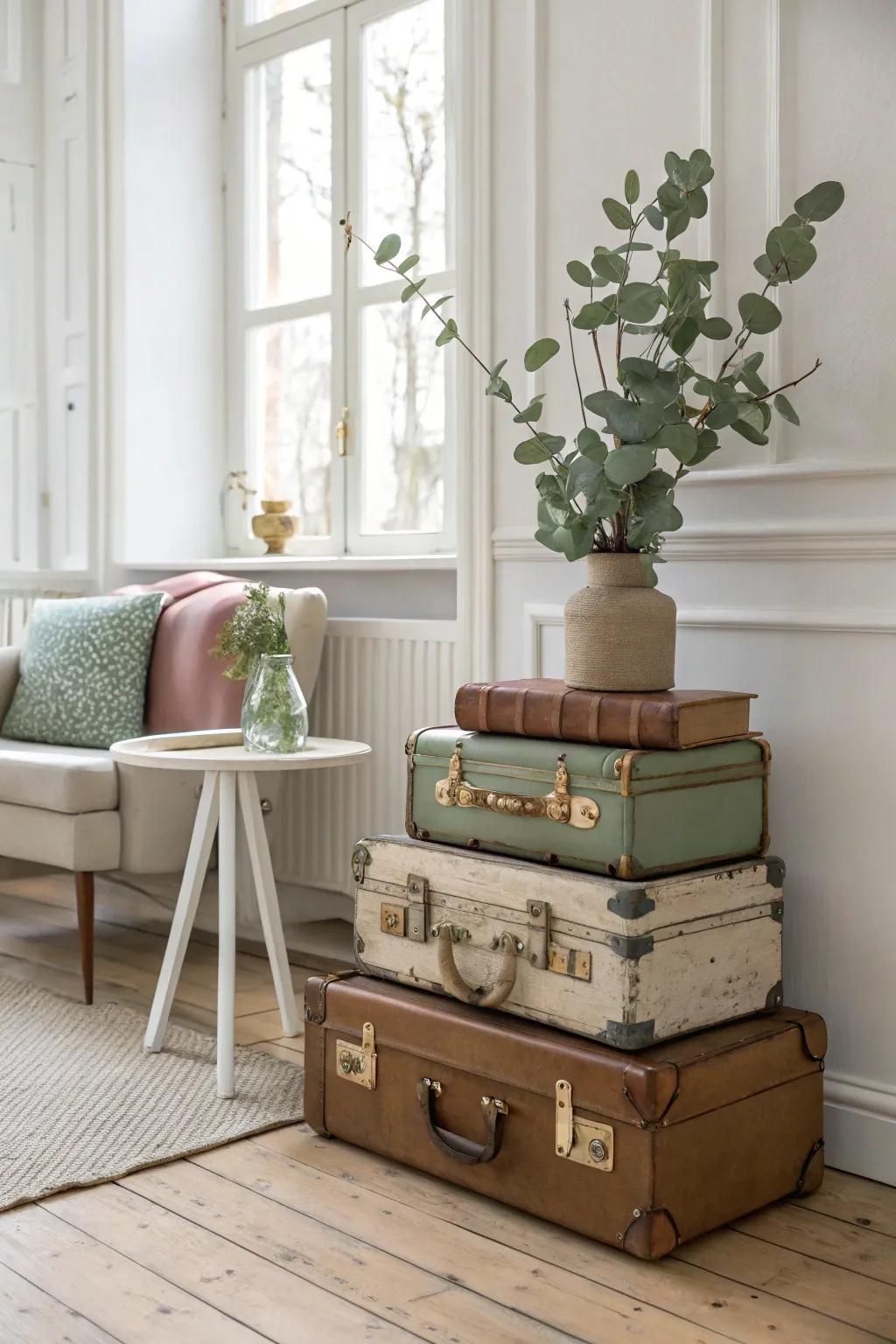 Transform your space with a chic vintage suitcase side table, where Scandinavian simplicity meets Boho charm.
