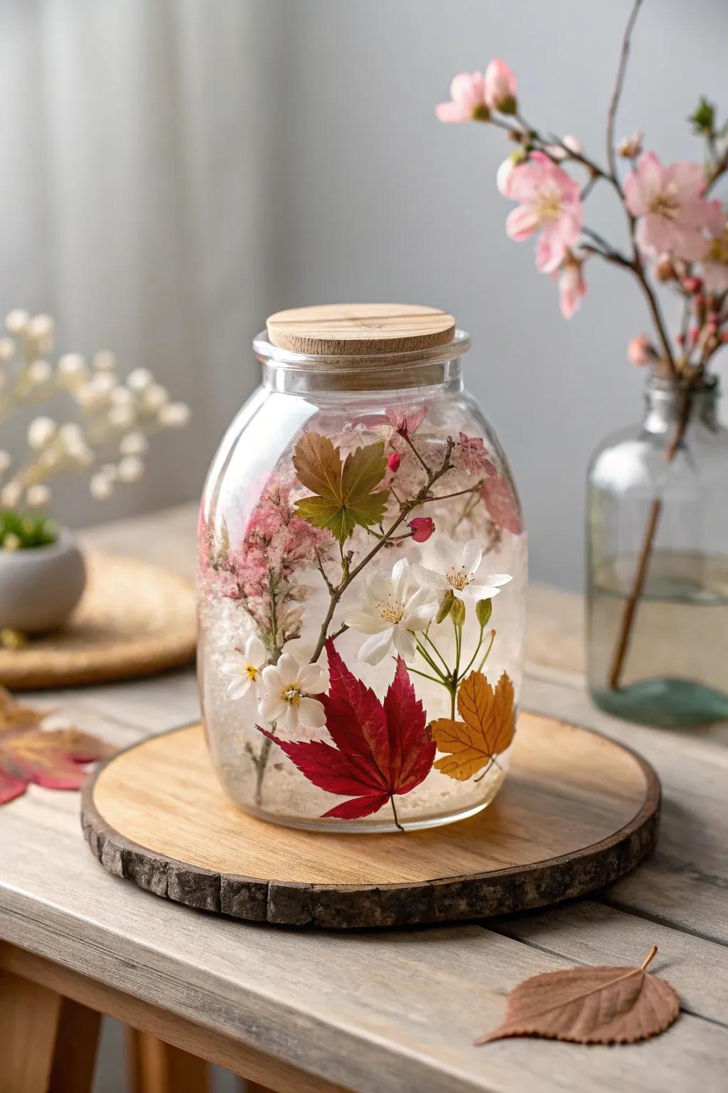 Embrace the seasons' charm with this exquisite resin jar; a timeless piece of nature's beauty.