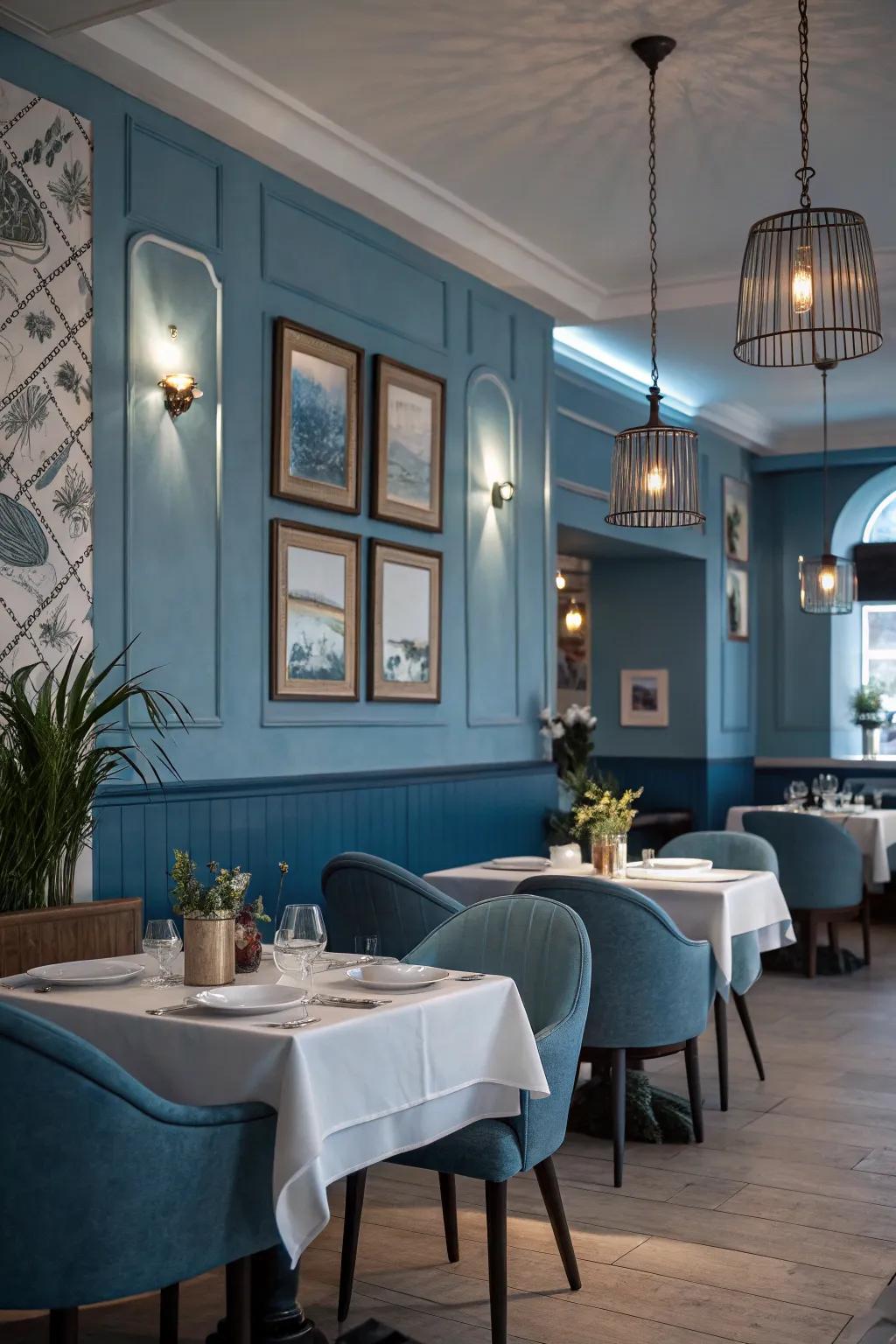 A calming restaurant interior with refreshing blue tones.