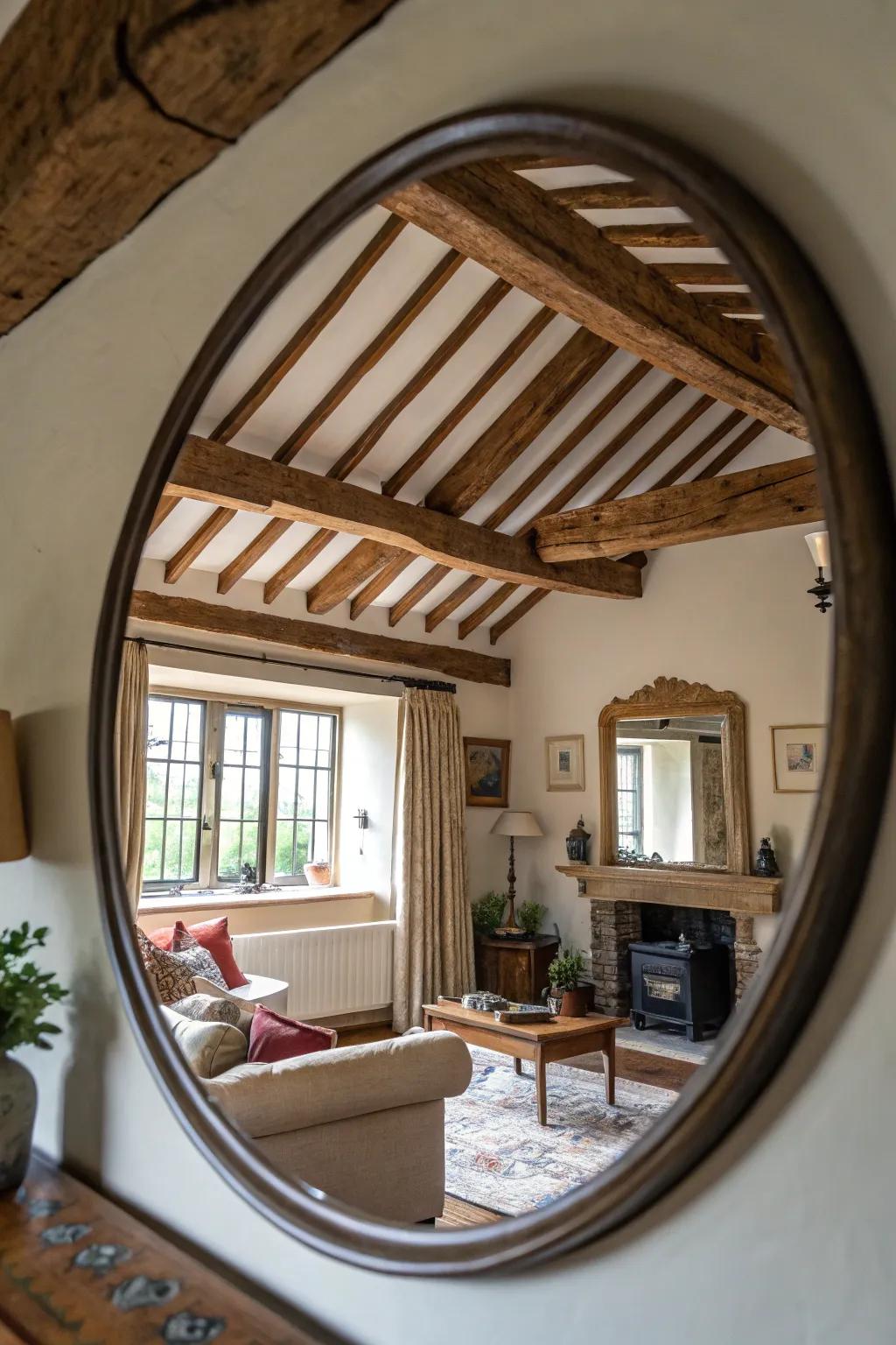 Round mirror reflecting architectural beauty in a character-rich living room.