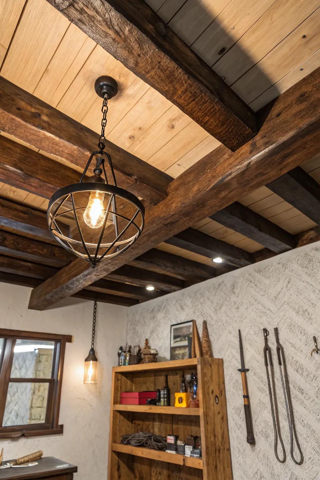 Illuminate your space with a touch of craftsmanship: bold DIY light fixtures that transform your rustic basement ceiling.