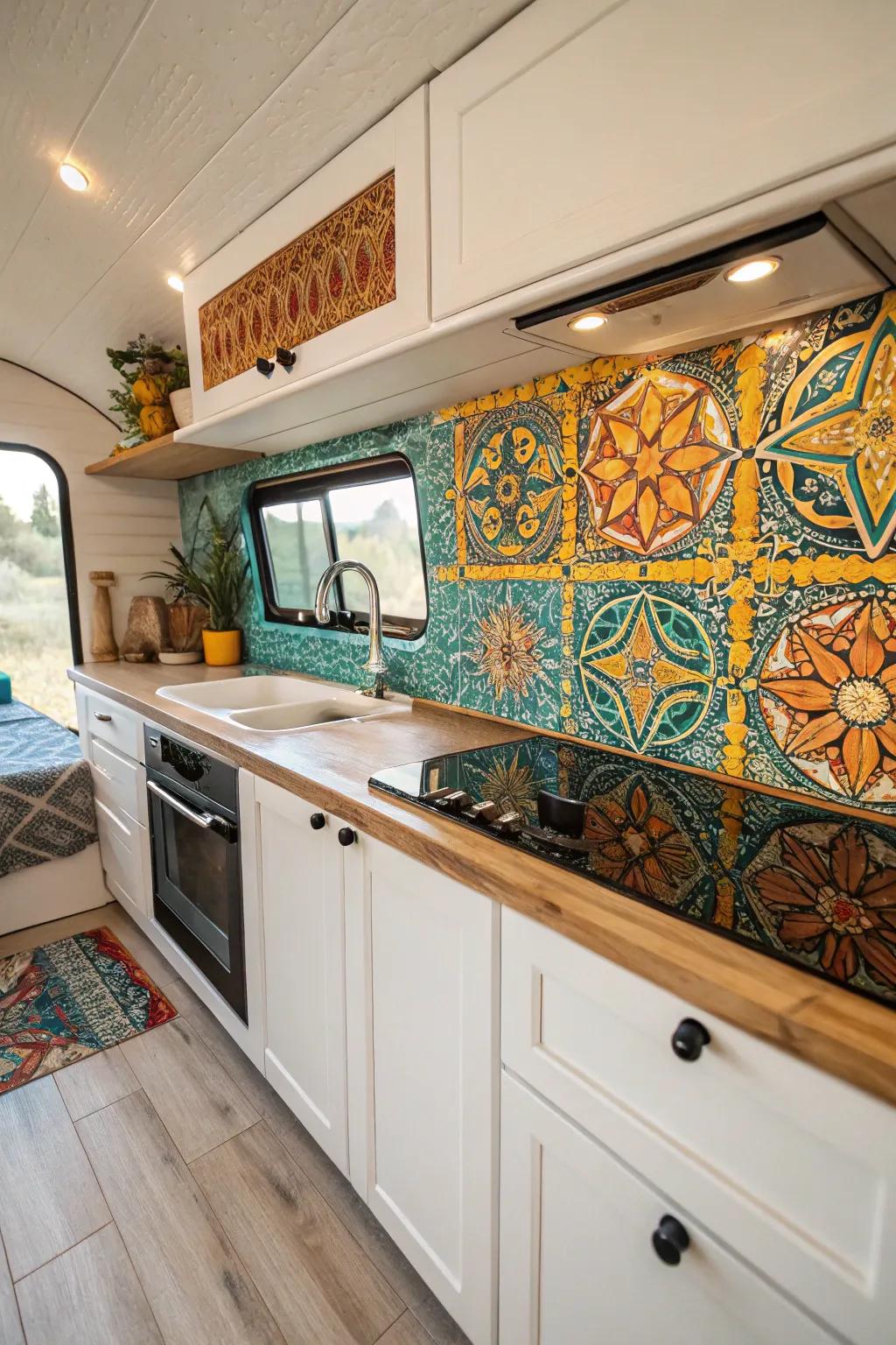 Add a splash of personality to your RV kitchen with a bold, colorful backsplash that ties the space together with style.