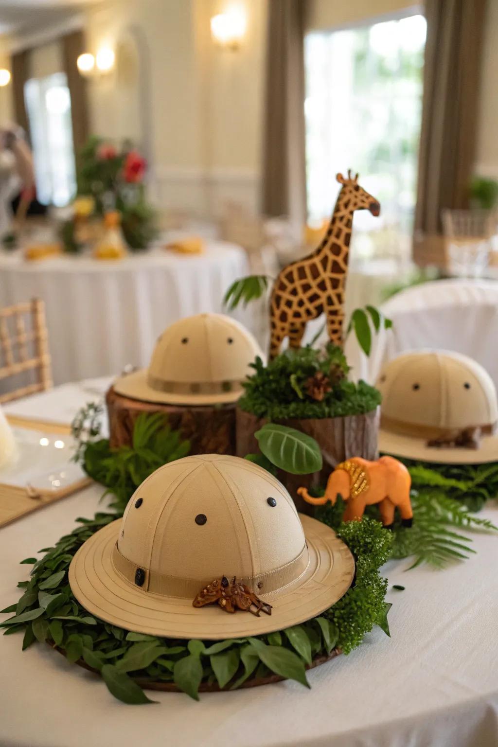 Miniature safari hats offer a playful and unique touch.