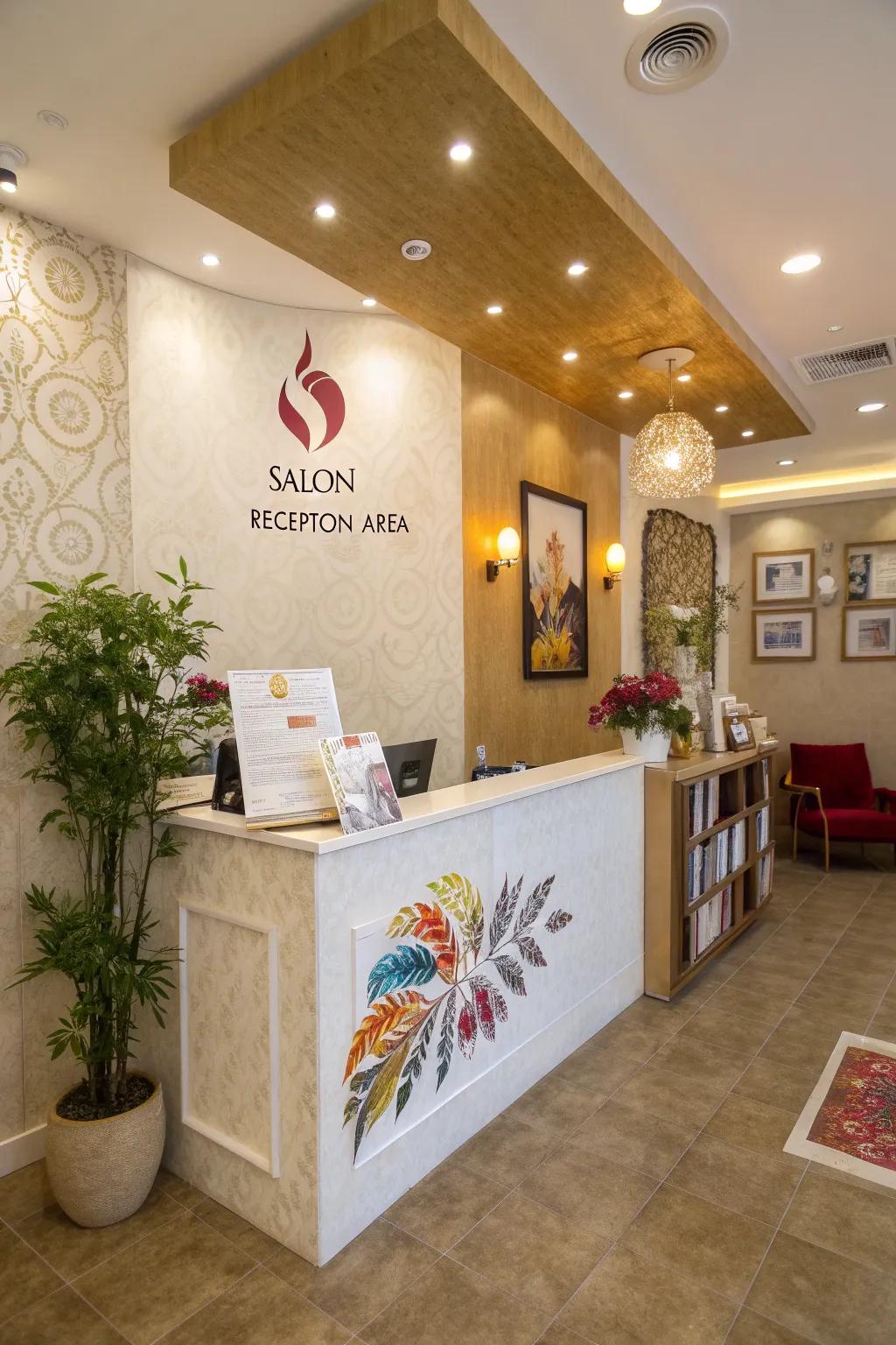 A salon reception area showcasing personalized branding through logos and color schemes.