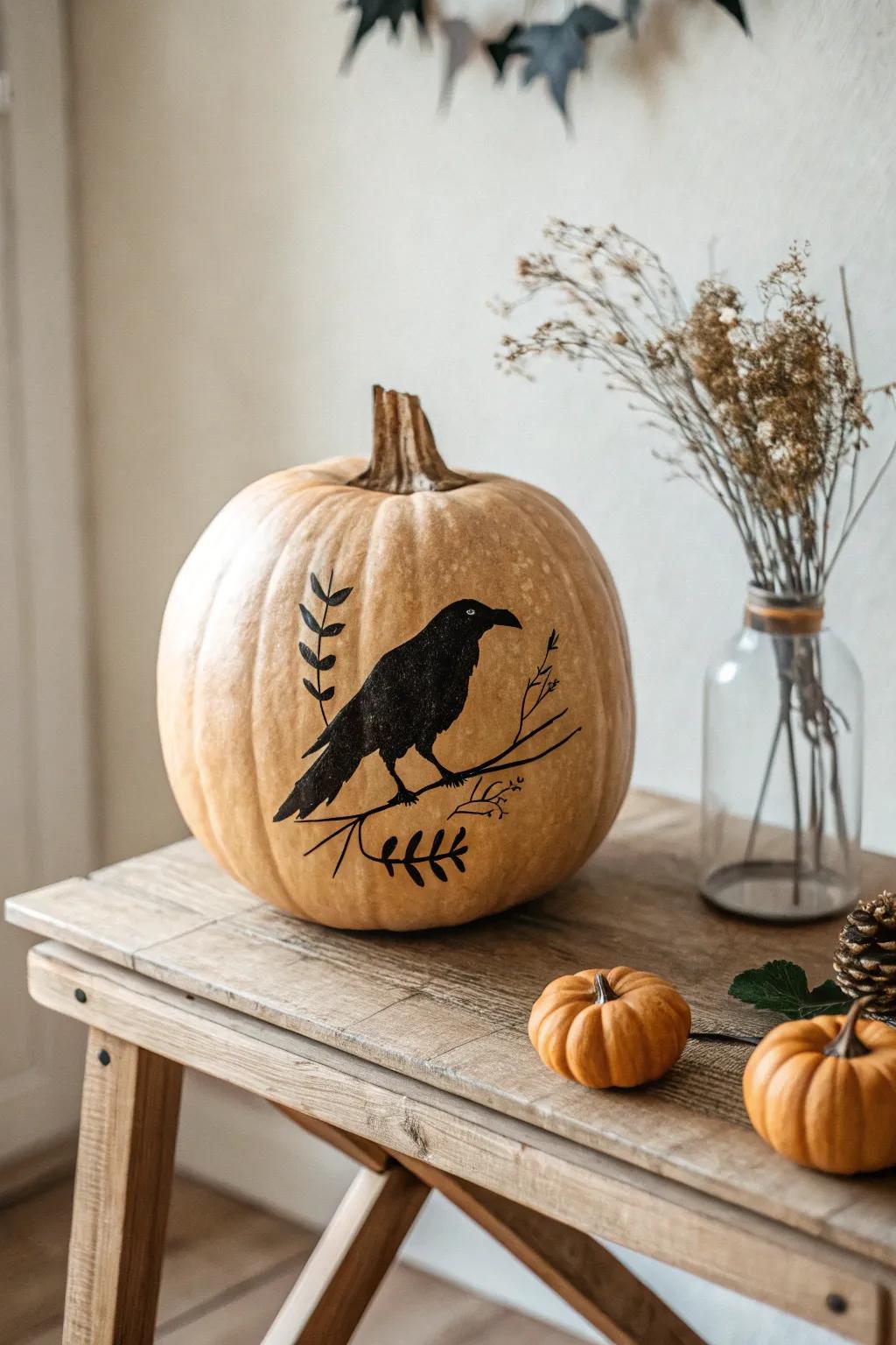 Embrace the mystery with a raven silhouette pumpkin, where classic horror meets minimalist elegance.
