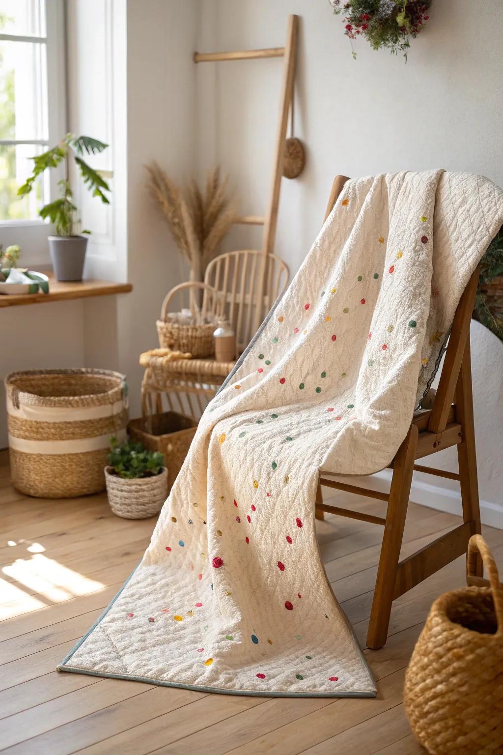 Sprinkle joy with a confetti quilt—where every scrap tells its own story in a minimalist boho setting.