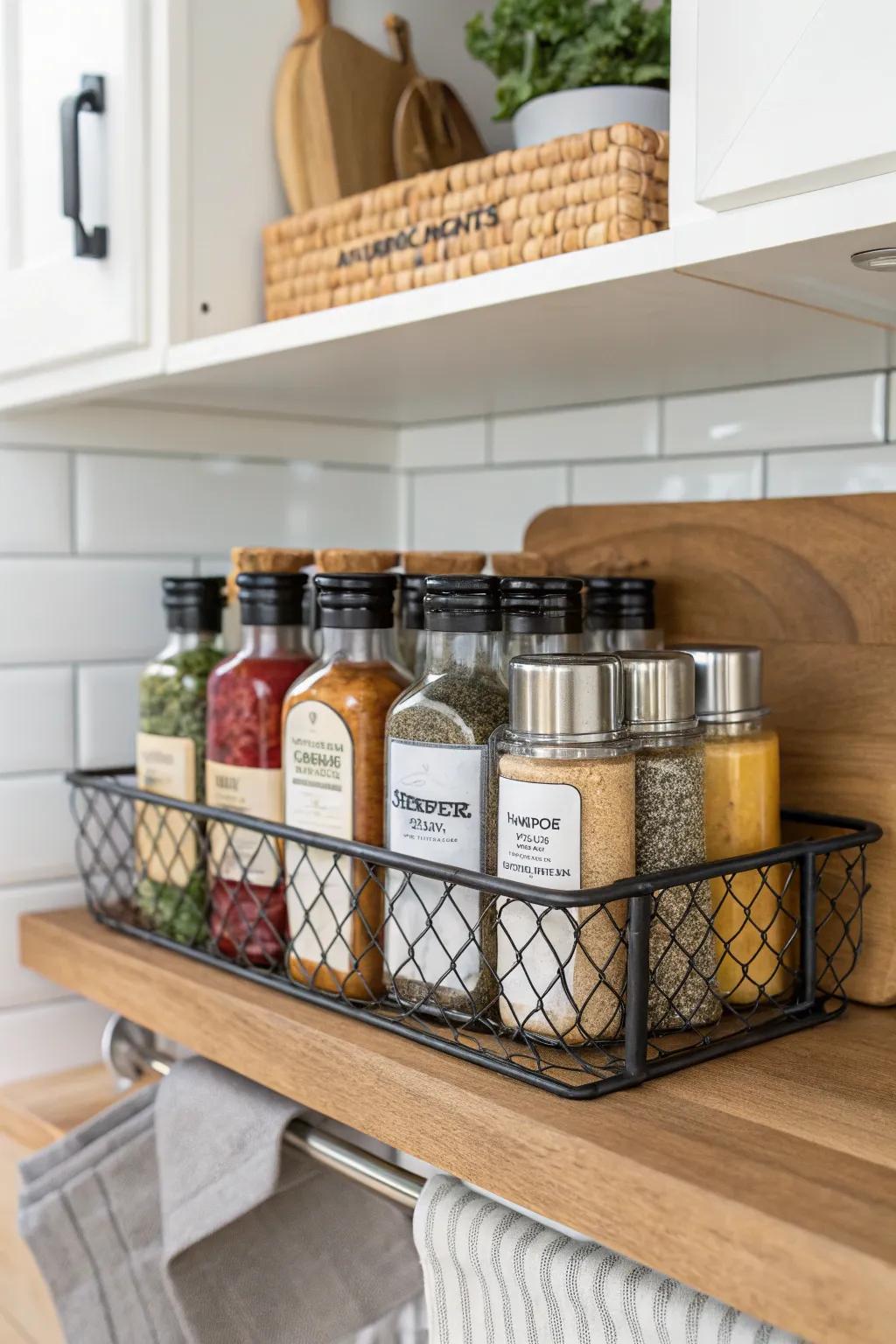 An under-shelf basket creates extra storage for shaker bottles.