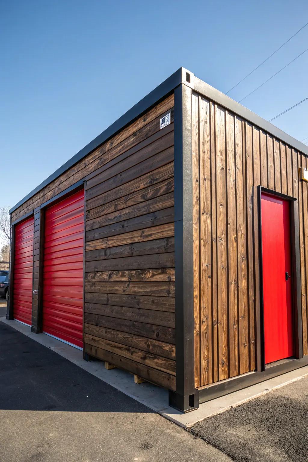 Elevate your garage game with a striking custom exterior that blends rustic charm and bold colors.