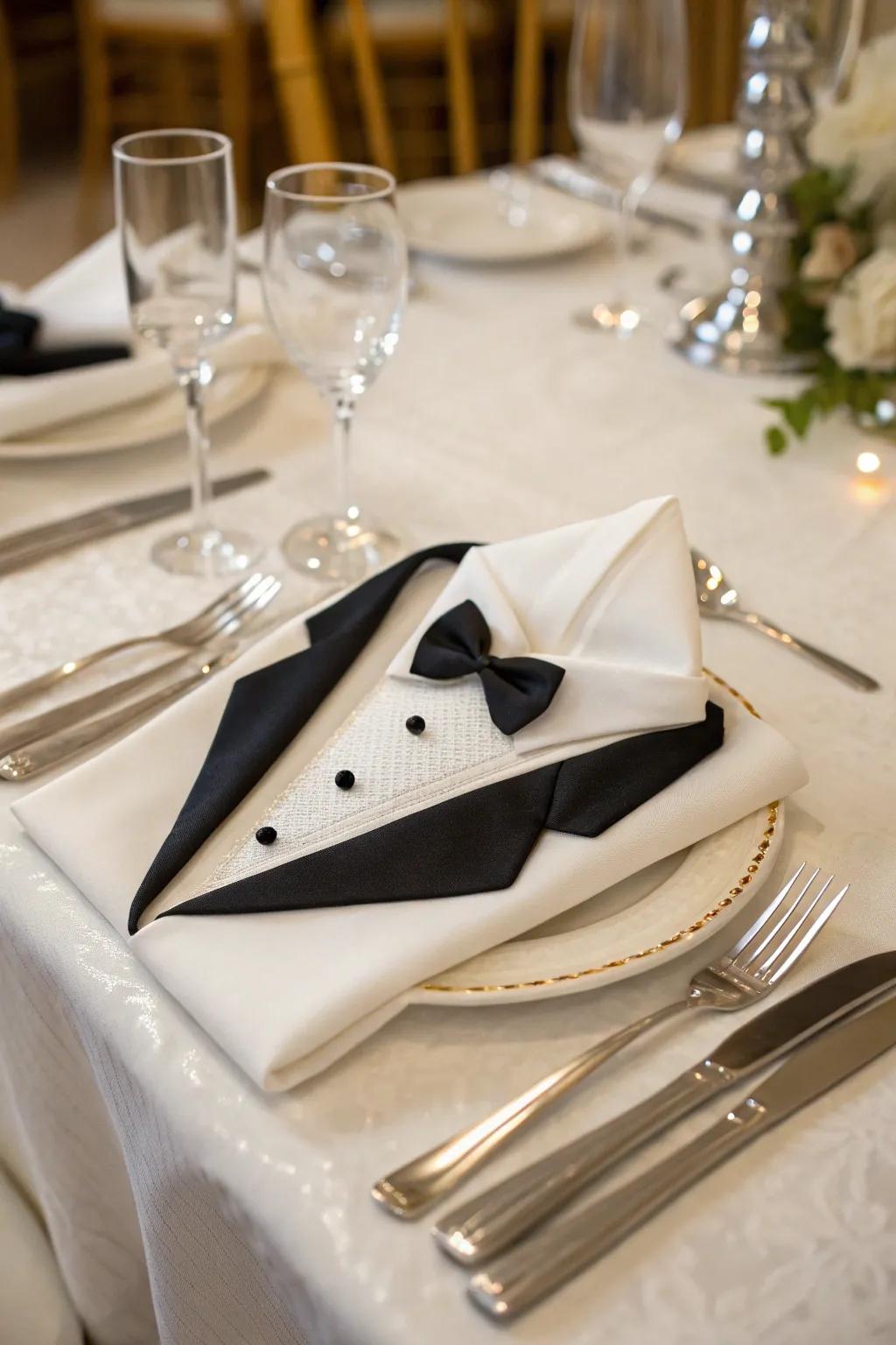 A silk napkin folded into a classic tuxedo, ideal for sophisticated dining experiences.