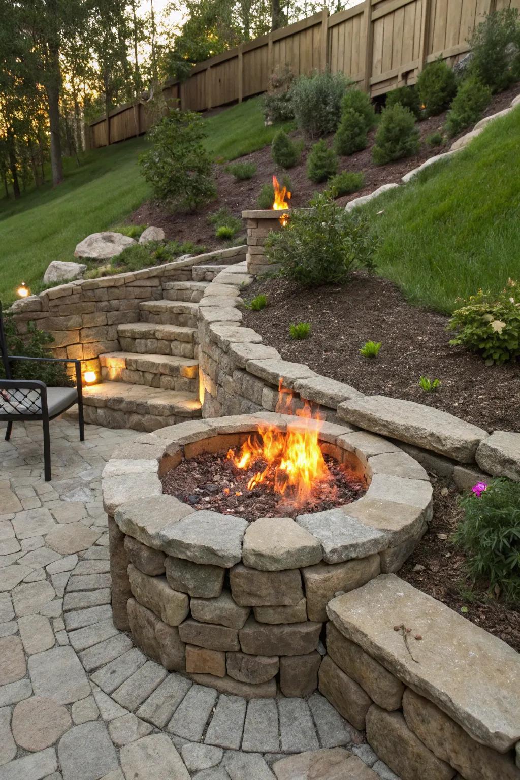 Transform your backyard with a handcrafted fire pit nestled in a rustic stone wall—where warmth meets craftsmanship.