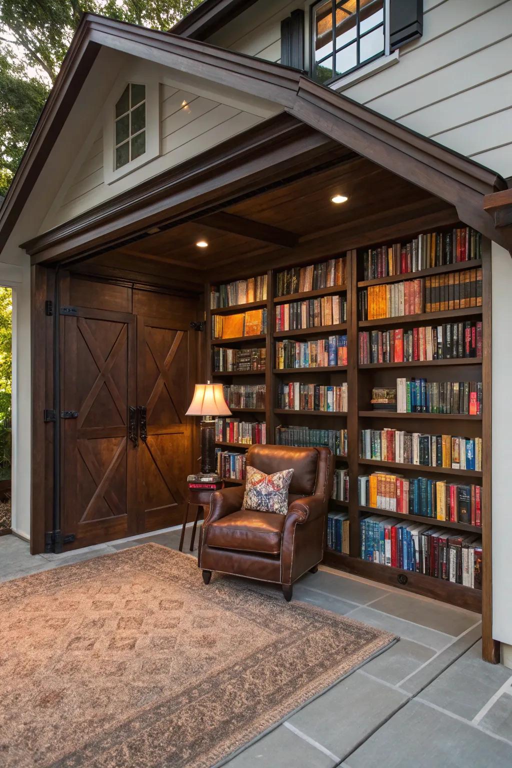 Transform your garage into a captivating library haven. Dive into your favorite books in style!