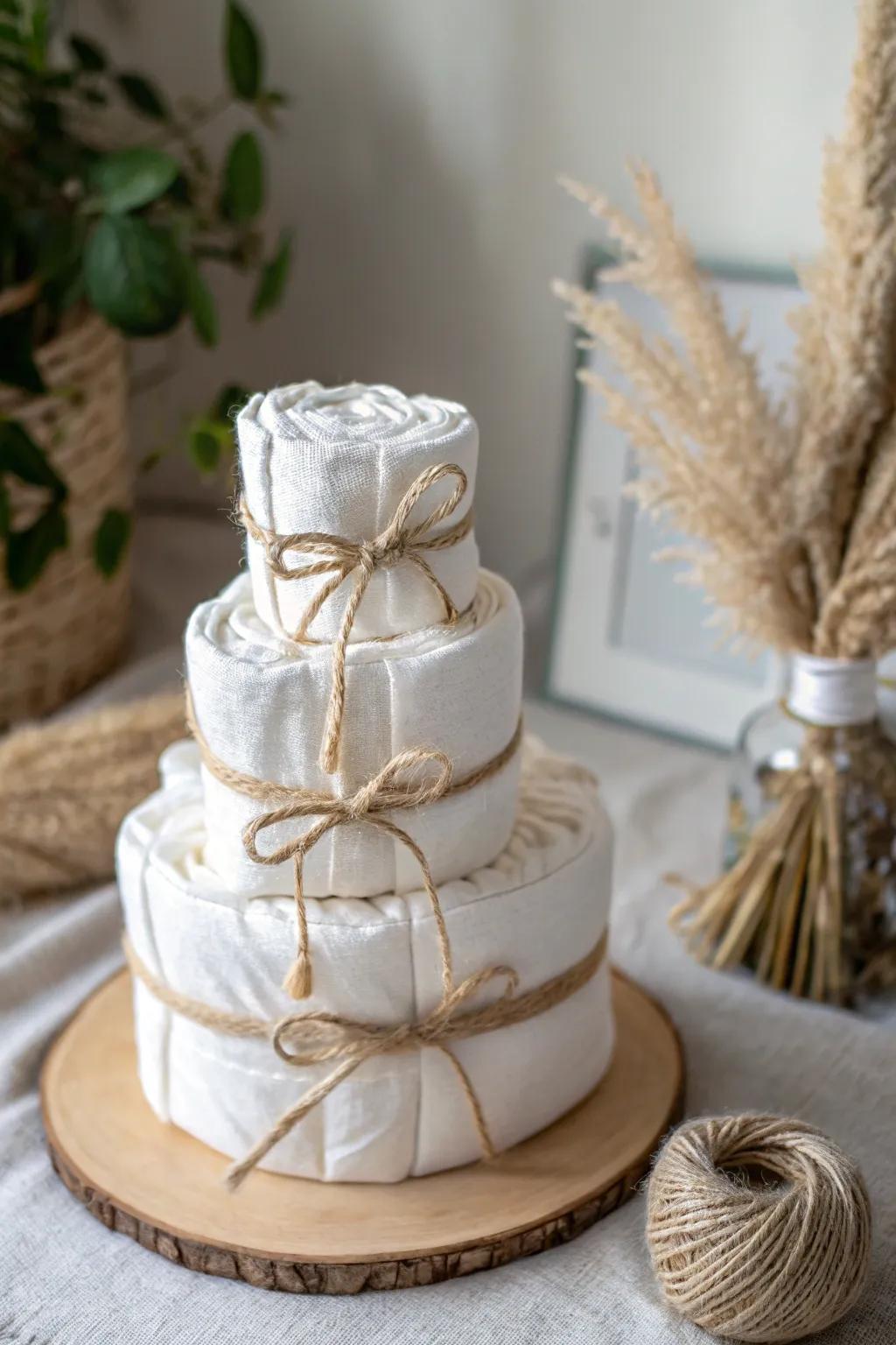 Embrace eco-friendly elegance with this minimalist diaper cake, where simplicity meets sustainability.