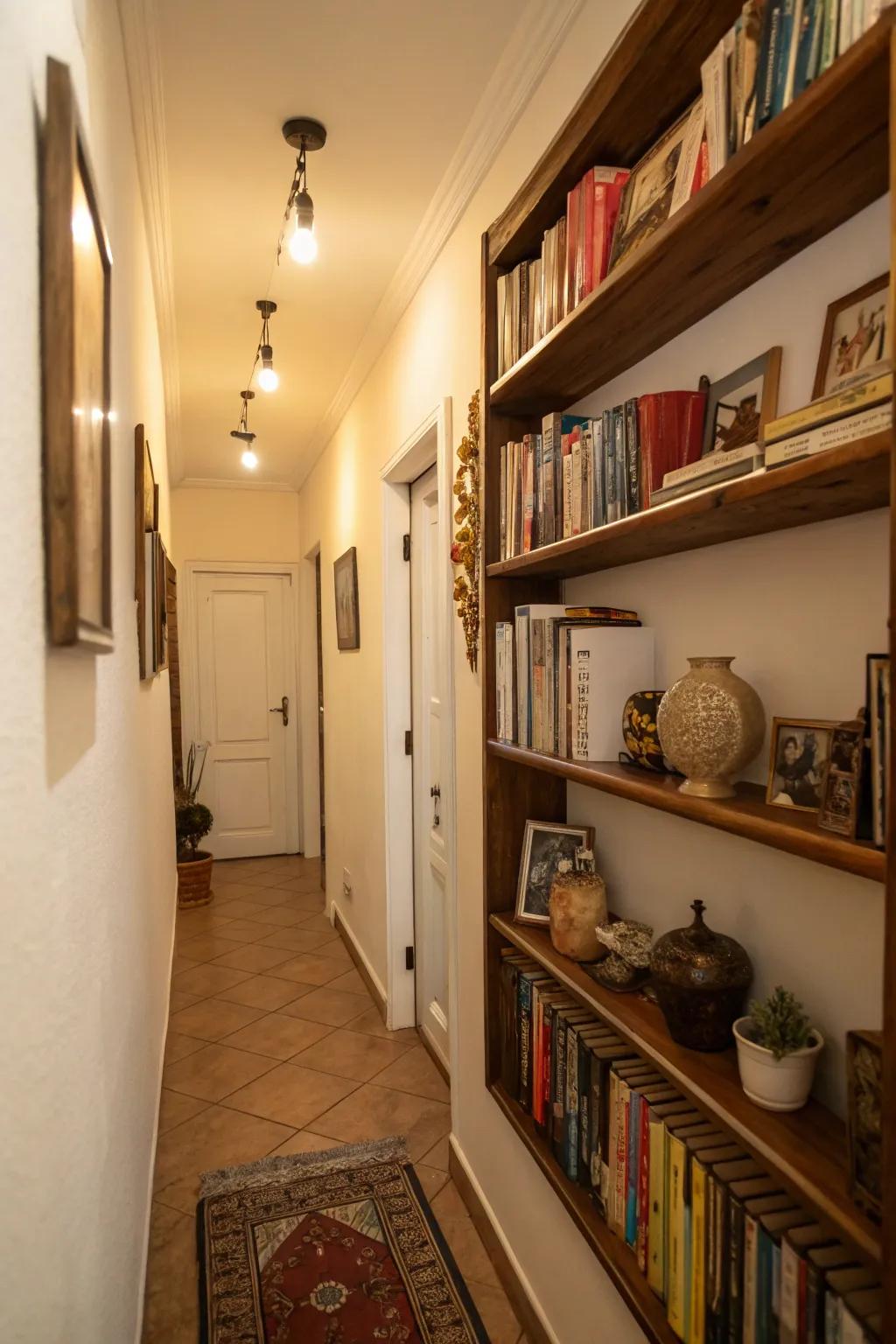 Shelves offer storage while maintaining style.
