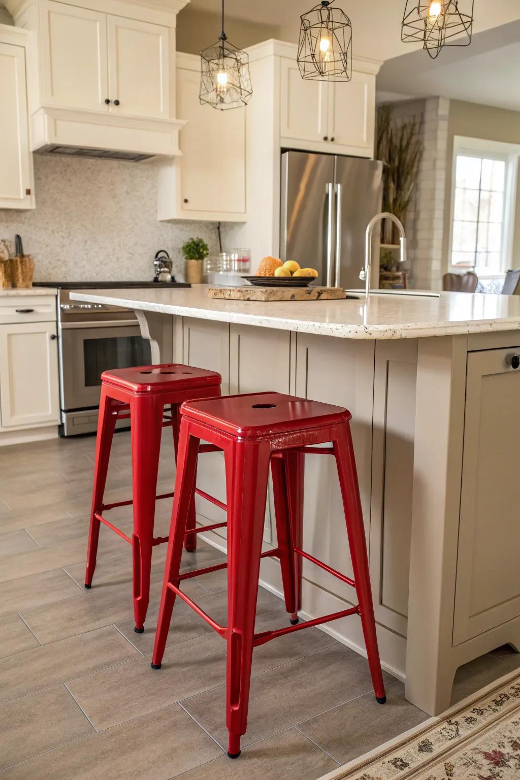 Playful red bar stools adding color to a grey kitchen.