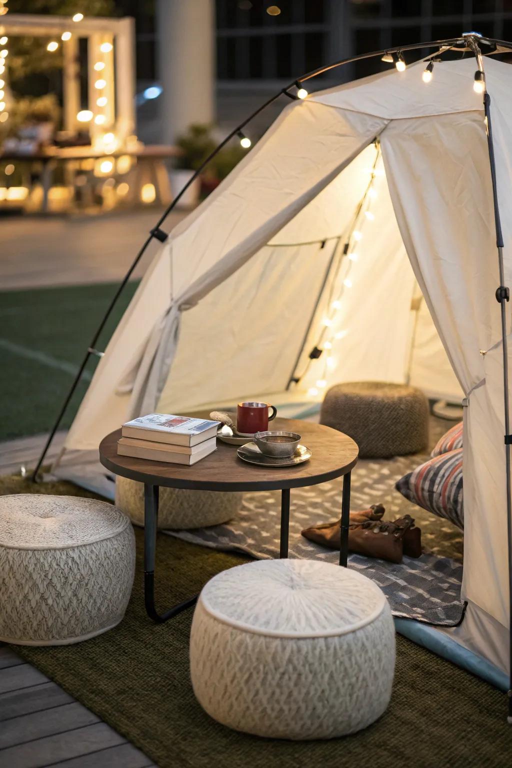 Functional tent space with simple furniture.
