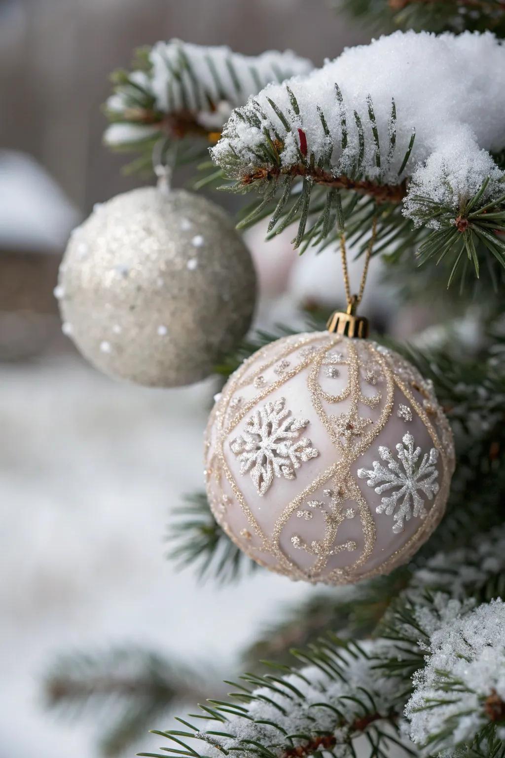 Textured ornaments add depth and enhance the snowy theme.