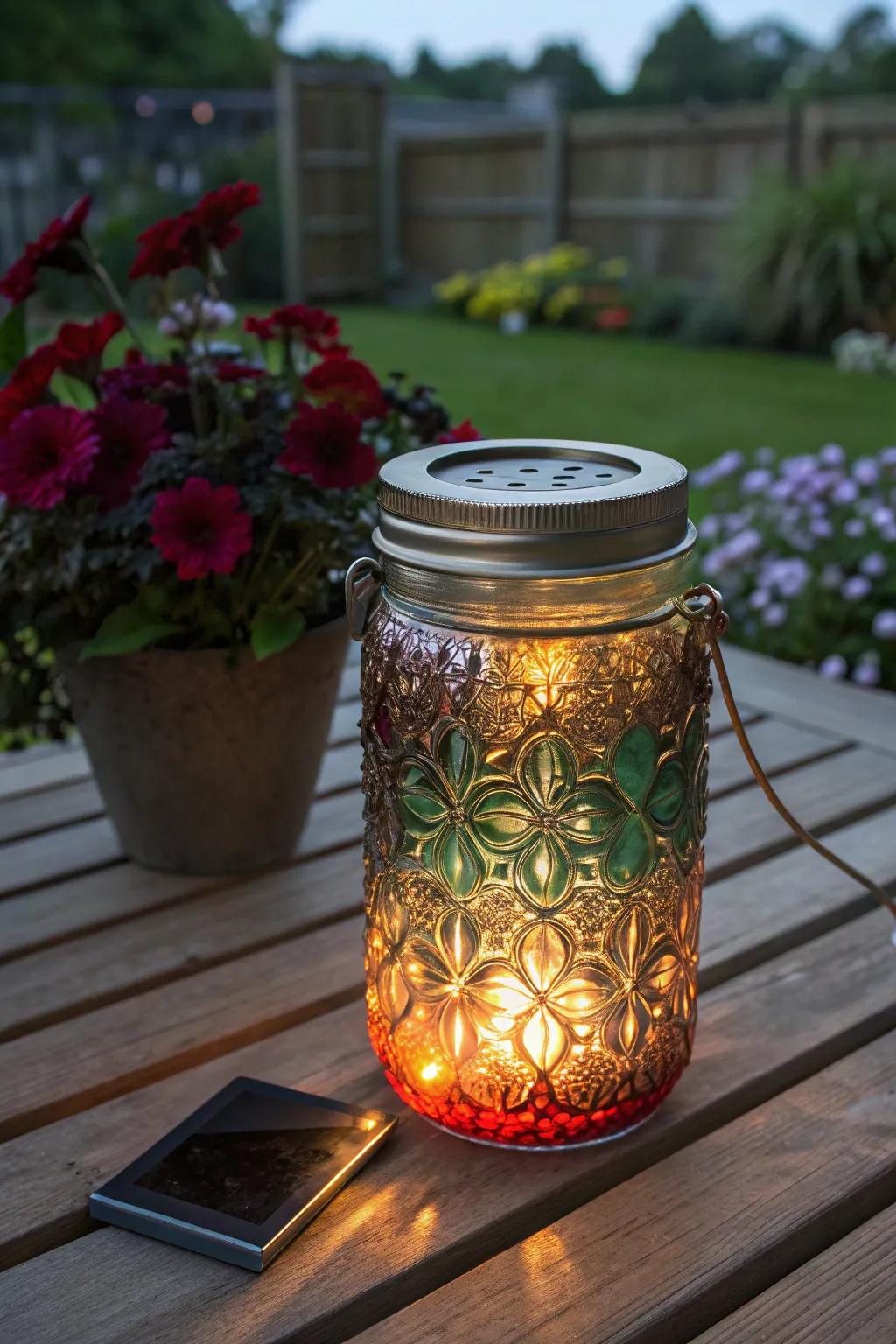 Illuminate your outdoor space with rustic solar mason jars for a touch of handcrafted elegance.