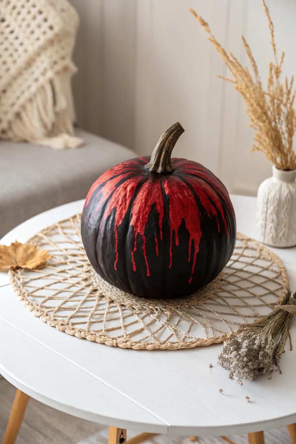 Add a touch of drama to your decor with a captivating dripping blood pumpkin—perfect for a chic Halloween display.