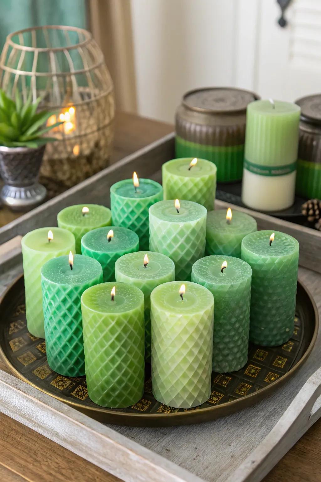 Layered green candles create a calm, festive atmosphere.
