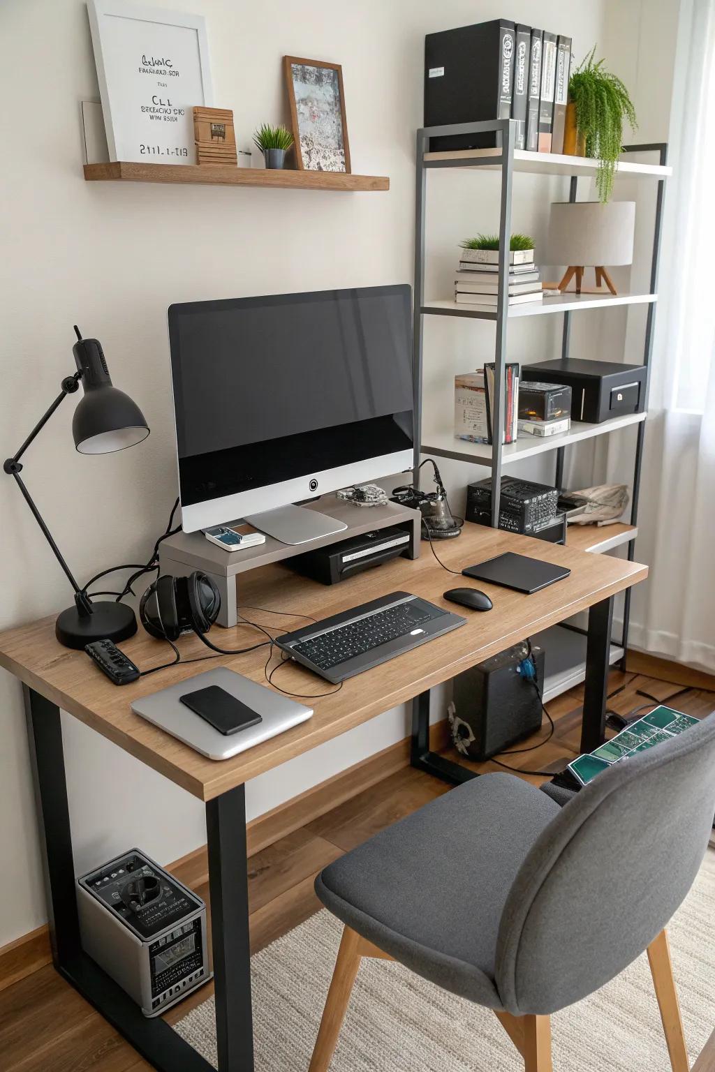Seamless technology integration for a smart standing desk setup.
