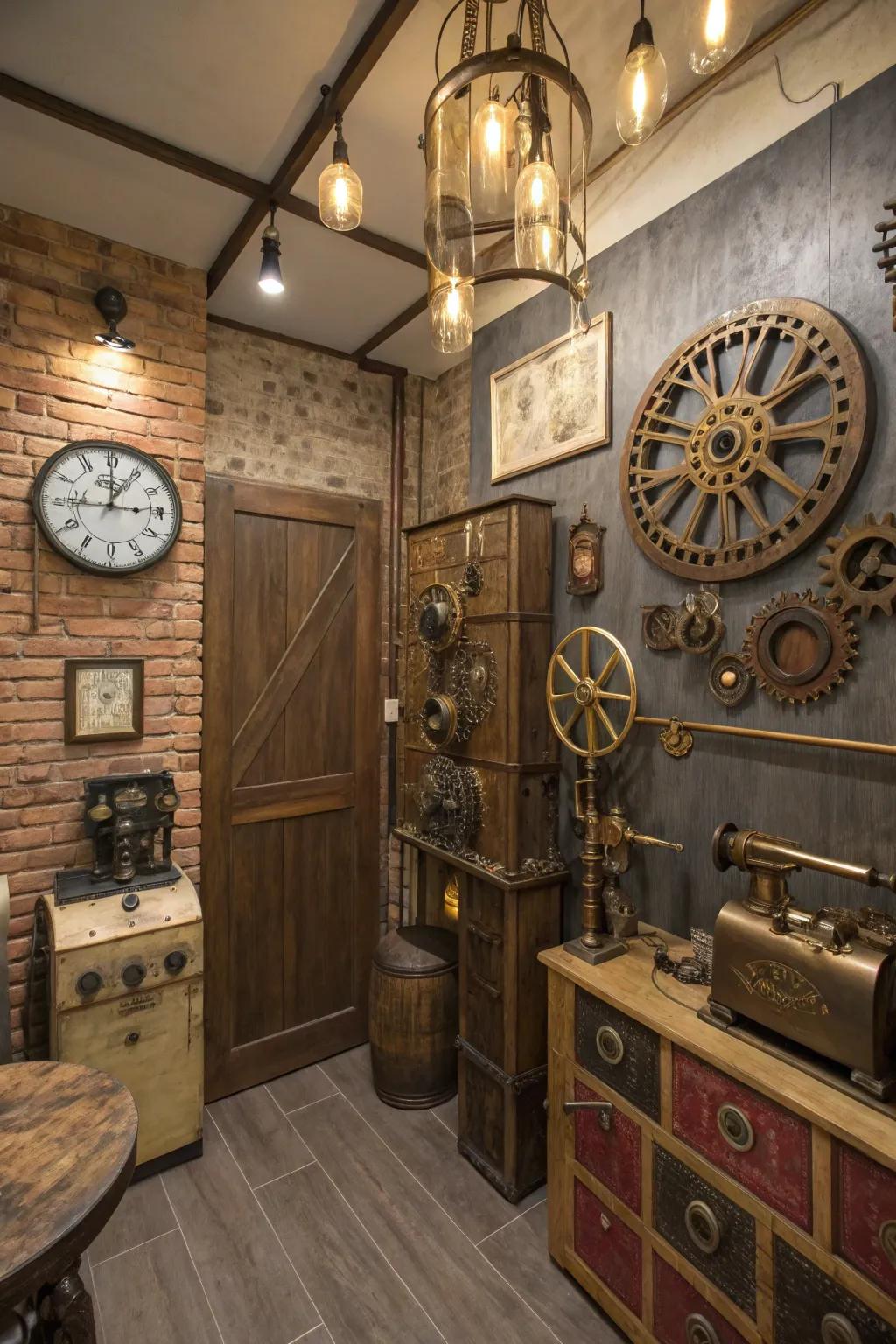 Earthy and metallic tones set the stage for this cozy steampunk interior.
